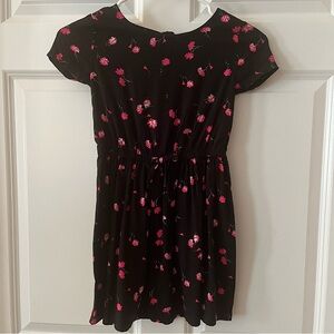 Girl’s Black Dress with Pink Flowers, Back Bow/peephole , M 7/8
